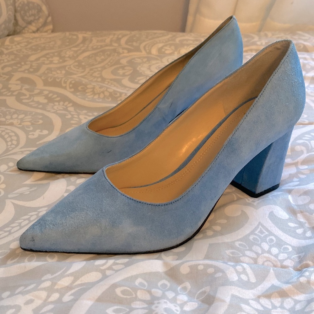 Marc Fisher Shoes Womens 7 Zala Pumps Blue Suede Pointed Toe Block Heel Classic